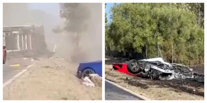 藍寶堅尼車主想要超過露營車，結果與法拉利相撞，直接插入露營車底把它掀翻。（圖／翻攝自fanpage.it）